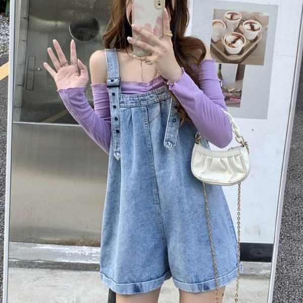 와이드 여성 멜빵 바지 오버롤 멜빵 바지 데님 반바지 - 상품 이미지