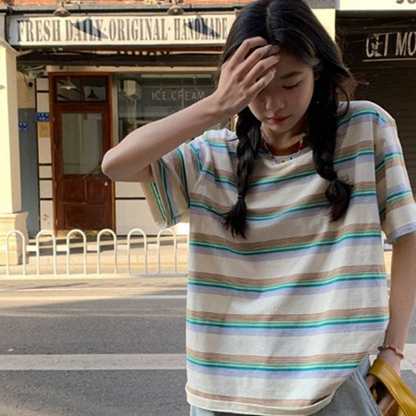 데일리 여성 스트라이프 반팔 티셔츠 라운드 여성 루즈핏 반팔 티셔츠 - 상품 이미지