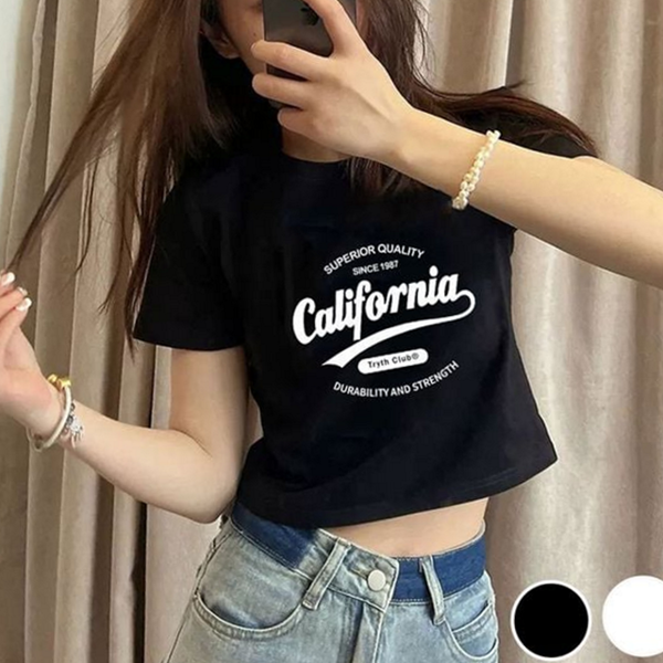 프린팅 여성 크롭 티 라운드 여성 반팔 티셔츠 데일리 여름 레터링 - 상품 이미지