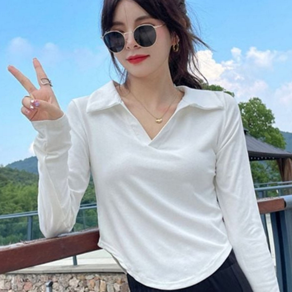 루즈핏 여성 브이넥 티셔츠 골지 여성 카라 티셔츠 데일리 간절기 - 상품 이미지