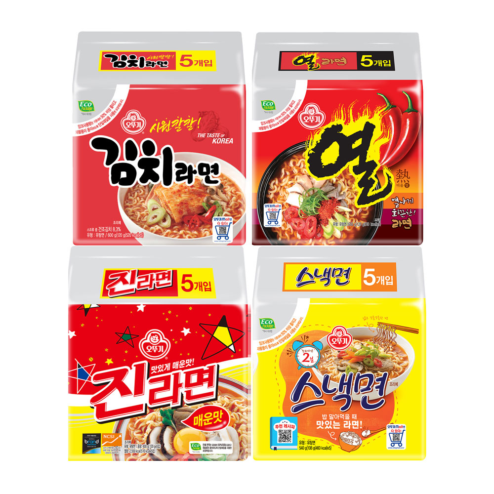 오뚜기 BEST 봉지라면 4팩 진라면 매운맛 열라면 스낵면 김치라면 각 1팩씩 이미지