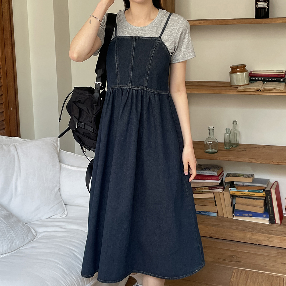 데님 민소매 A라인 코튼 롱원피스 봄 여름 가을 맥시 코튼 레이어드 진청 연청 이미지 8