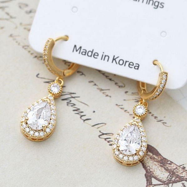 세련된 14k 귀걸이 데일리 여성 금 귀걸이 원터치 큐빅 드롭 골드 데일리패션 반짝이는 링 - 상품 이미지