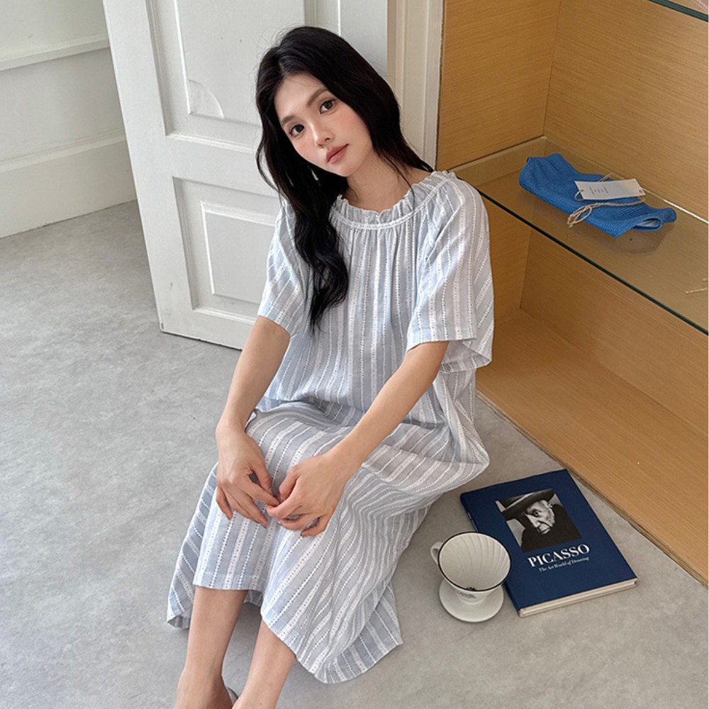 원피스잠옷 순면 오버핏 임산부 꽃무늬 스트라이프 빅사이즈 55-88 보통의날들 - 상세 이미지 2