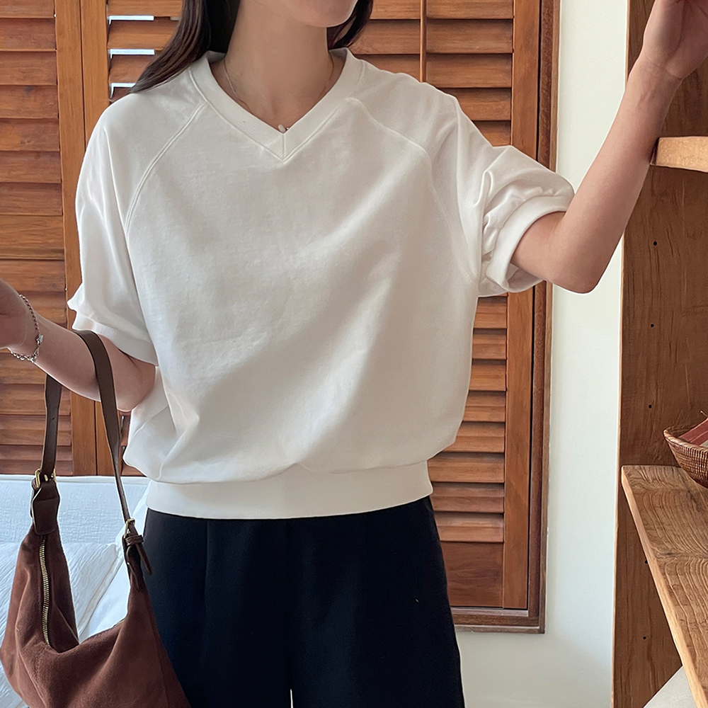 오버핏 여성 세미크롭맨투맨 여름 나그랑 여자 반팔 맨투맨 썸머 우먼 티셔츠 면 라운드 - 상품 이미지