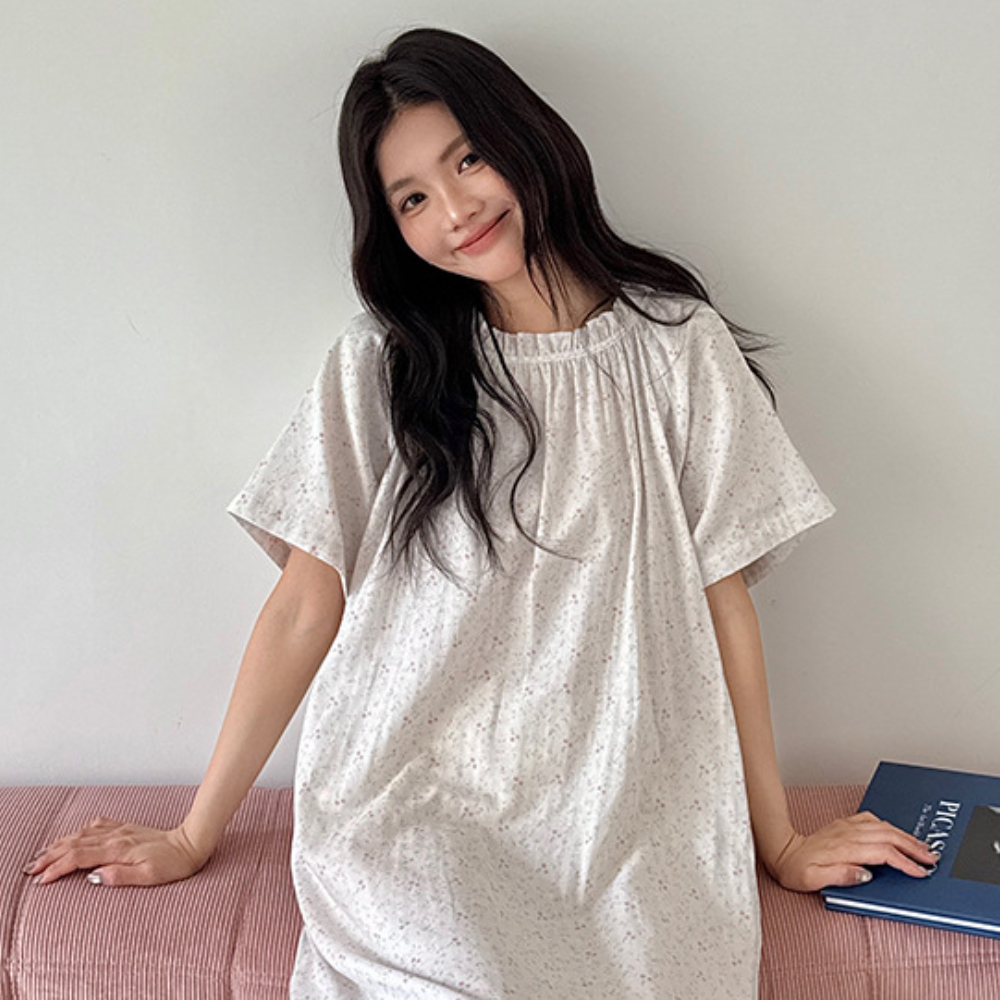 원피스잠옷 순면 오버핏 임산부 꽃무늬 스트라이프 빅사이즈 55-88 보통의날들 - 상품 이미지