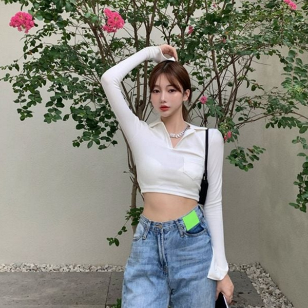 데일리 여성 크롭 긴 팔 티셔츠 오픈카라 여성 카라 긴 - 상품 이미지