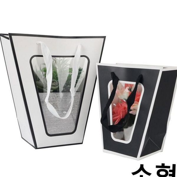고급 사다리꼴 선물 백 투톤 투명 창 선물 백 답례품 기념품 종이 포장 쇼핑백 상자 블랙 - 상품 이미지
