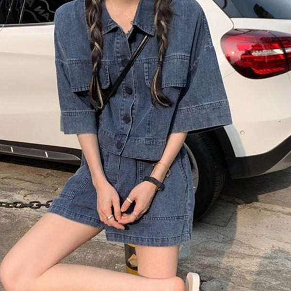 여름 여성 데님 셋업 상하의 여성 반팔 투피스 반바지 상하 - 상품 이미지