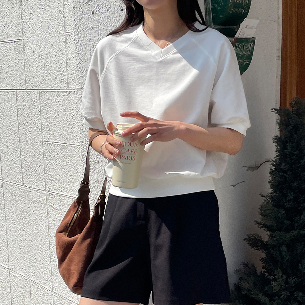 오버핏 여성 세미크롭맨투맨 여름 나그랑 여자 반팔 맨투맨 썸머 우먼 티셔츠 면 라운드 - 상세 이미지 3