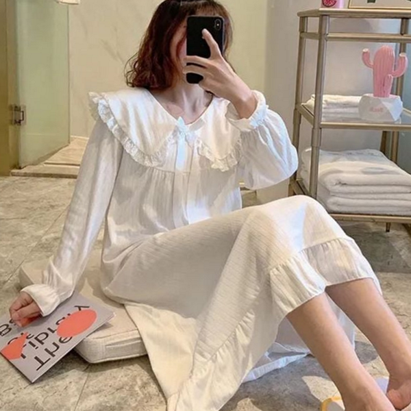 루즈핏 여성 롱 원피스 잠옷 레이스 여성 긴 팔 잠옷 홈 웨어 가을 카라 면 여름 봄 - 상품 이미지