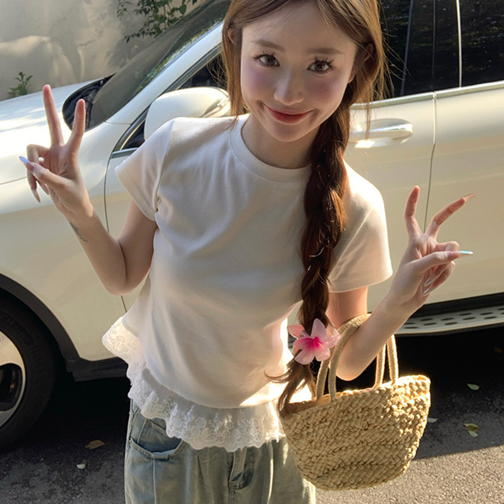 여성 러블리 밑단 레이스 포인트 라운드 반팔 티셔츠 레이스티 U넥 반팔티 이너 여름 - 상품 이미지