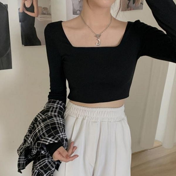 기본 여성 스퀘어넥 티셔츠 슬림핏 여성 크롭 티셔츠 데일리 가을 - 상품 이미지