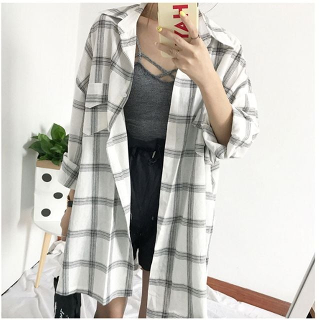 오버핏 여성 체크 남방 캐주얼 롱 남방 베이직 루즈핏 - 상세 이미지 2