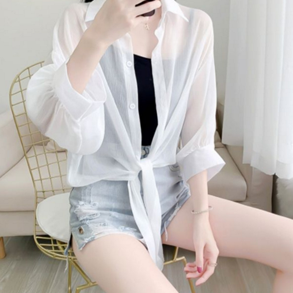 데일리 여성 시스루 블라우스 루즈핏 여성 쉬폰 블라우스 여름 캐주얼 - 상품 이미지