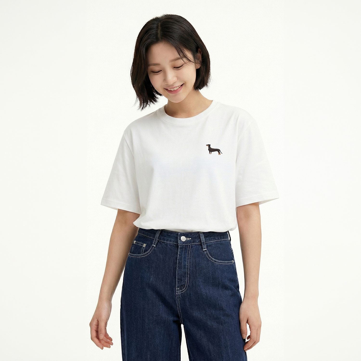 반팔티 옥스타 남녀공용 닥스훈트 자수 - 상품 이미지