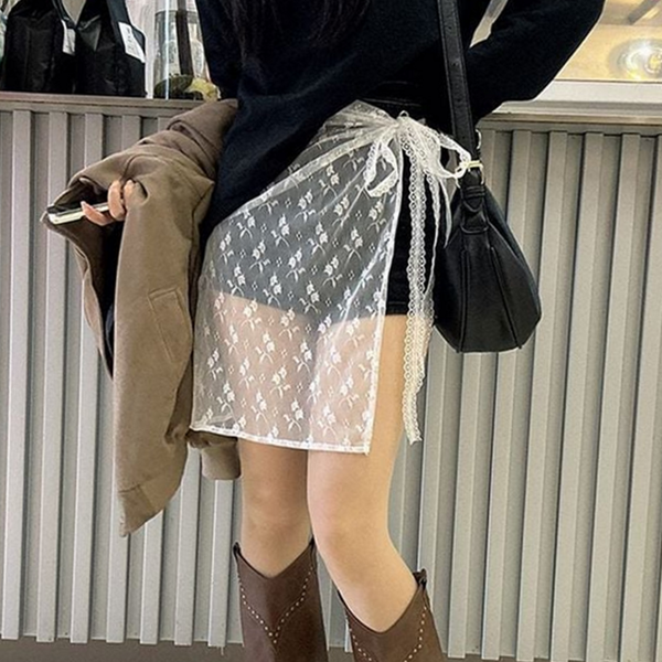 레이스 여성 랩 스커트 플라워 레이어드 스커트 시스루 여름 미디 - 상품 이미지
