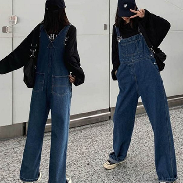 와이드 여성 멜빵 바지 데님 멜빵 바지 캐주얼 데일리 통멜 - 상품 이미지