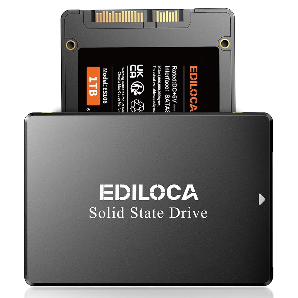 Ediloca 1TB SSD 내장 솔리드 스테이트 드라이브 2.5인치 SATA III 6Gb/s, 550MB/s 읽기 속도 3D TLC NAND, PC/노트북 업그레이드, 충격 - 상품 이미지