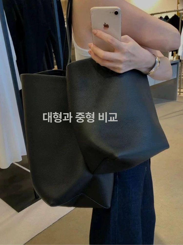 토트백 숄더백 여성용 미디엄 사이즈 소가죽 데일리 출퇴근 수납 블랙 아이보리 - 상세 이미지 3