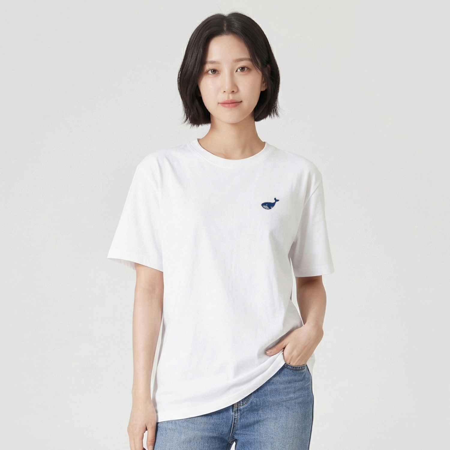 옥스타 반팔티 남녀공용 미니 웨일 자수 화이트 s 이미지 3