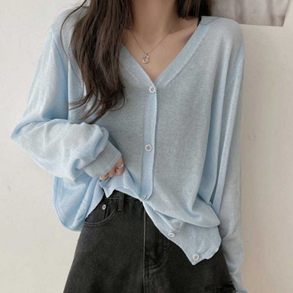 루즈핏 브이넥 가디건 비치 여성 시스루 가디건 데일리 썸머 - 상품 이미지