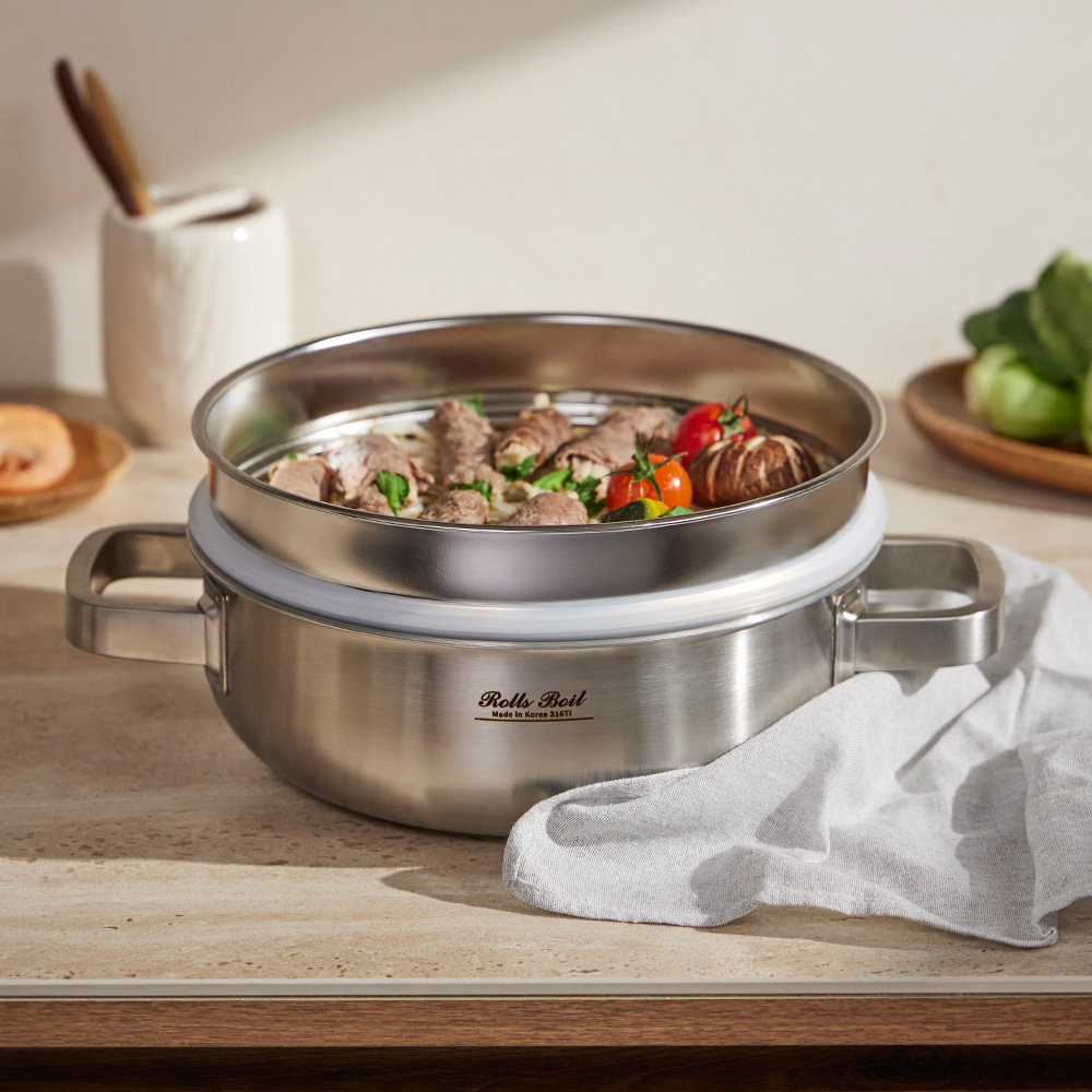 롤스보일 316Ti 통5중 스텐냄비 양수냄비 파티웍 찜기 24cm - 상품 이미지