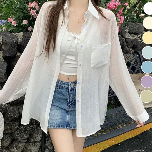 프렌치 여성 루즈핏 셔츠 얇은 여성 여름 셔츠 폴리에스터 블라우스 - 상품 이미지