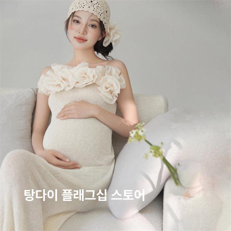 임산부 원피스 만삭 투피스 오픈숄더 촬영복 정장 드레스 니트 셀프웨딩 의상 - 상세 이미지 3