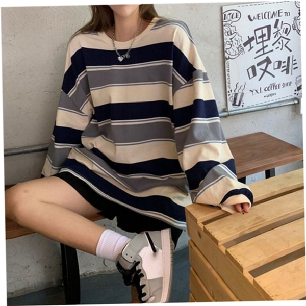 루즈핏 여성 스트라이프 티셔츠 단가라 스트라이프 티셔츠 라운드 기본 - 상품 이미지
