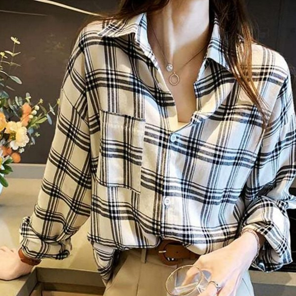 루즈핏 여성 체크 셔츠 데일리 체크 남방 블라우스 카라 여름 - 상품 이미지
