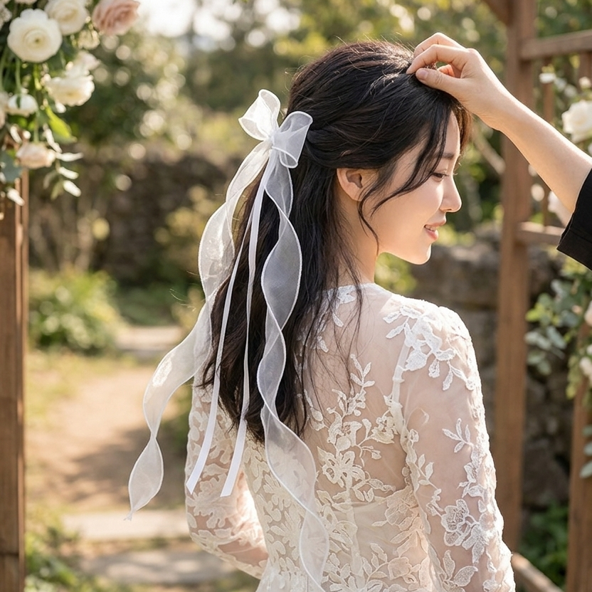 가더GADE 1BB 볼륨쉬폰 왕리본 롱리본 헤어피스 큰리본 자동핀 U자핀 집게 셀프웨딩촬영 반묶음 올림머리장식 - 상세 이미지 2