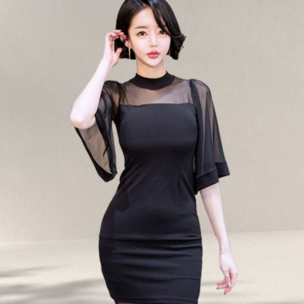 슬림핏 여성 하객 원피스 라운드 여름 쉬폰 원피스 드레스 반팔 - 상품 이미지