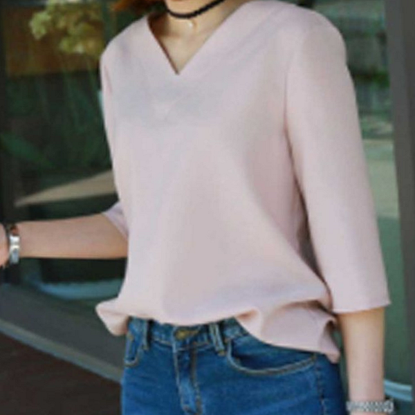 데일리 여성 블라우스 오피스 블라우스 브이넥 7부 반팔 여름 - 상품 이미지