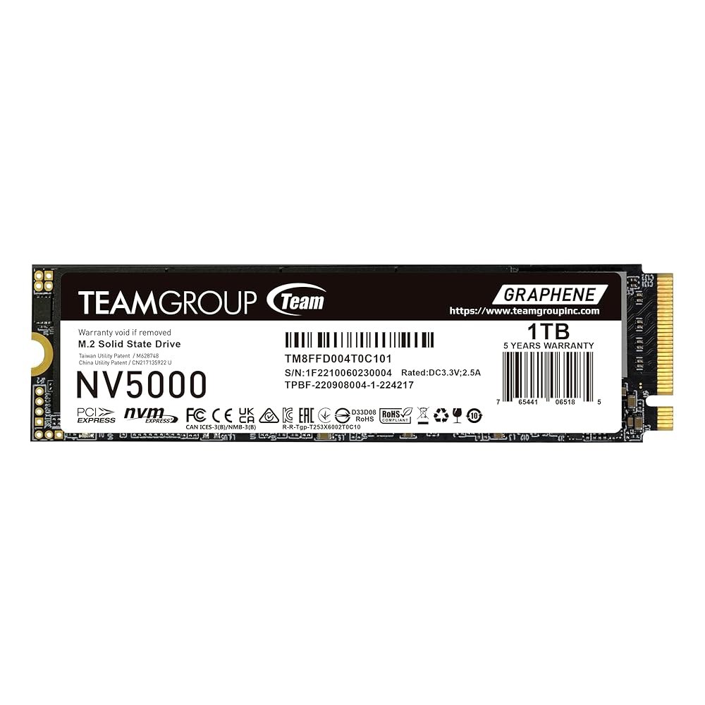 TEAMGROUP NV5000 1TB SLC 캐시 NVMe PCIe Gen4x4 M.2 2280 노트북, 데스크탑 SSD 읽기/쓰기 속도 최대 4500 / 1900MB /s TM8 - 상품 이미지