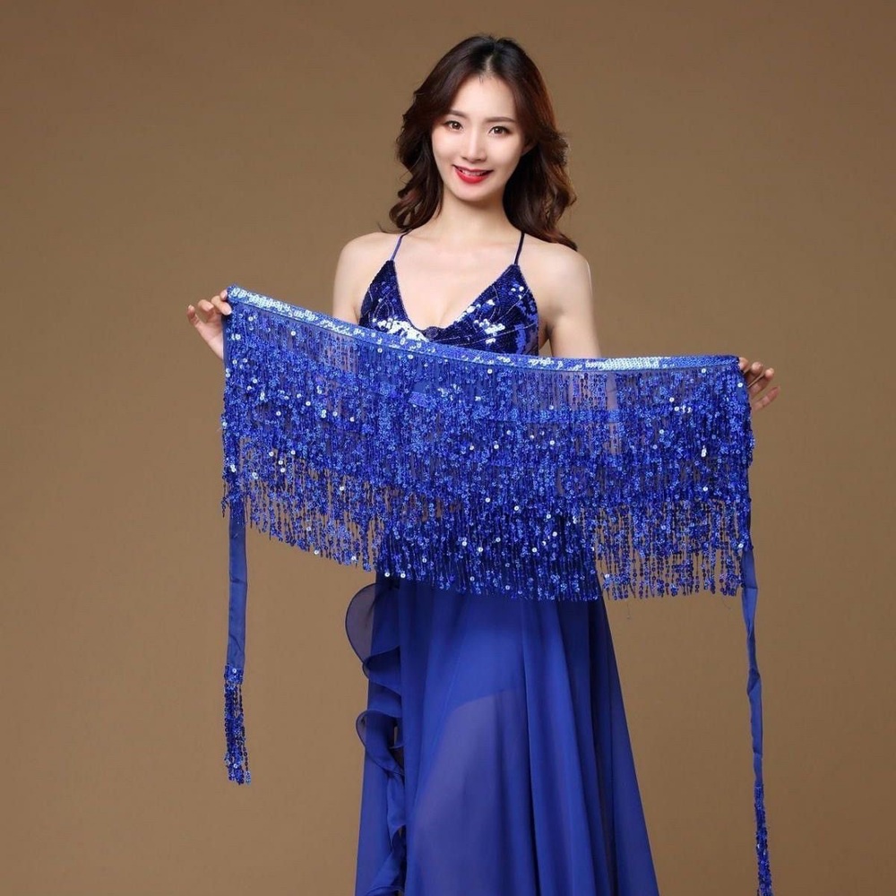 벨리댄스 허리 체인 반짝이는 스팽글 비즈 4단 힙스카프 라틴댄스 무대 공연 의상 - 상세 이미지 2