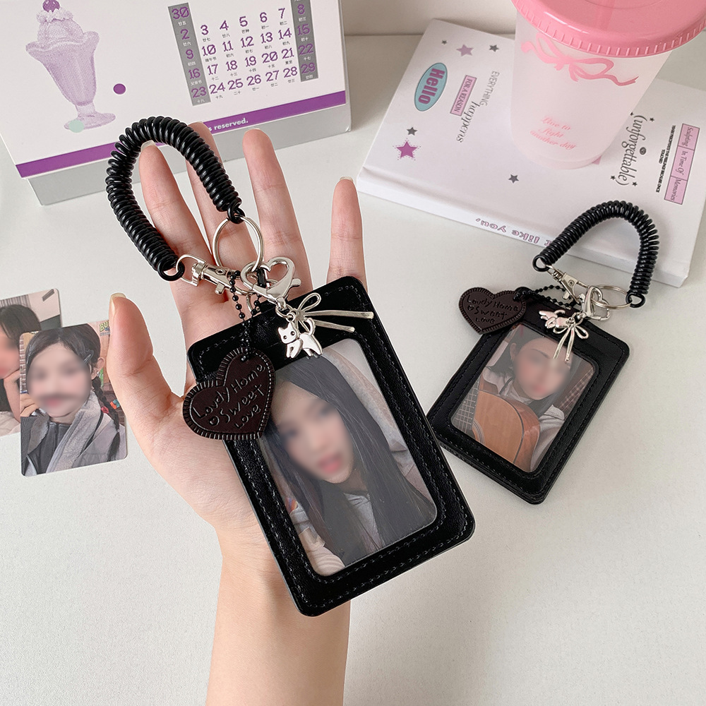 [골라 가게] 블랙하트 가죽 포카 홀더 리본 고양이 키링 스프링 카드 지갑 사진 보관 - 상품 이미지