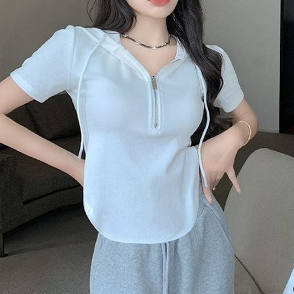 데일리 반팔 집업 여성 후드 반팔 티셔츠 라운드 슬림핏 - 상품 이미지