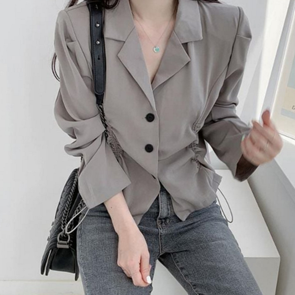 데일리 여성 자켓 블라우스 캐주얼 여성 셔링 블라우스 노카라 오버핏 - 상품 이미지