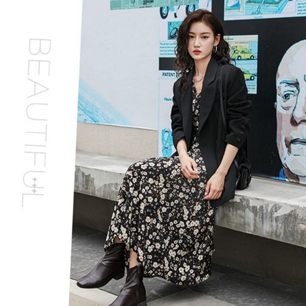 데일리 여성 플라워 롱 원피스 꽃무늬 여성 롱 원피스 하객룩 - 상품 이미지