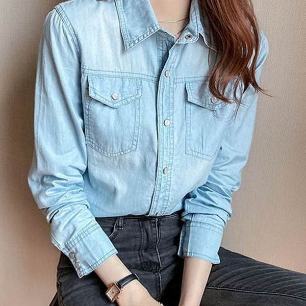 기본 데님 셔츠 캐주얼 여성 데님 남방 블라우스 여자청 포켓 - 상품 이미지