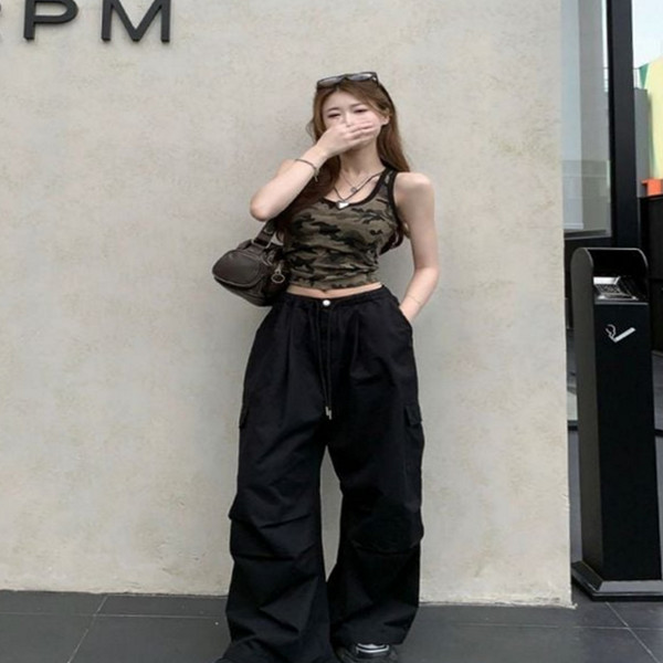밀리터리 여성 크롭 나시 패턴 카모 나시 데일리 슬림 티셔츠 - 상품 이미지