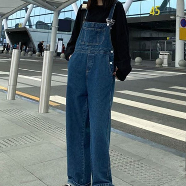와이드 여성 멜빵 바지 데님 멜빵 바지 오버롤 점프 팬츠 - 상품 이미지