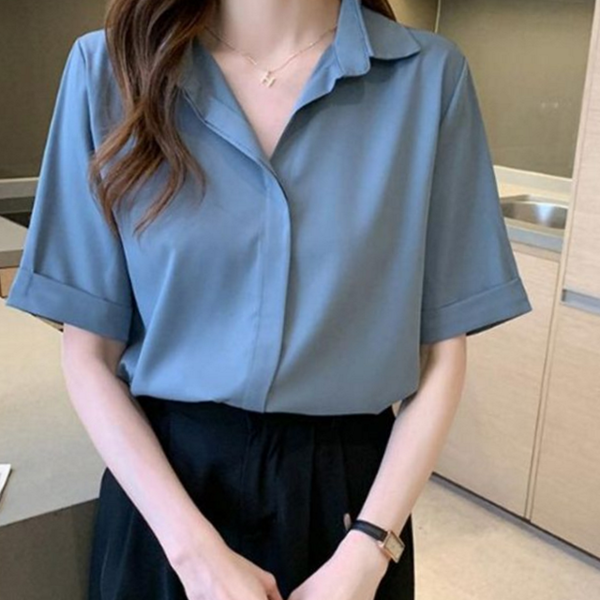 루즈핏 여성 반팔 셔츠 오피스 여성 반팔 블라우스 데일리 여름 - 상품 이미지