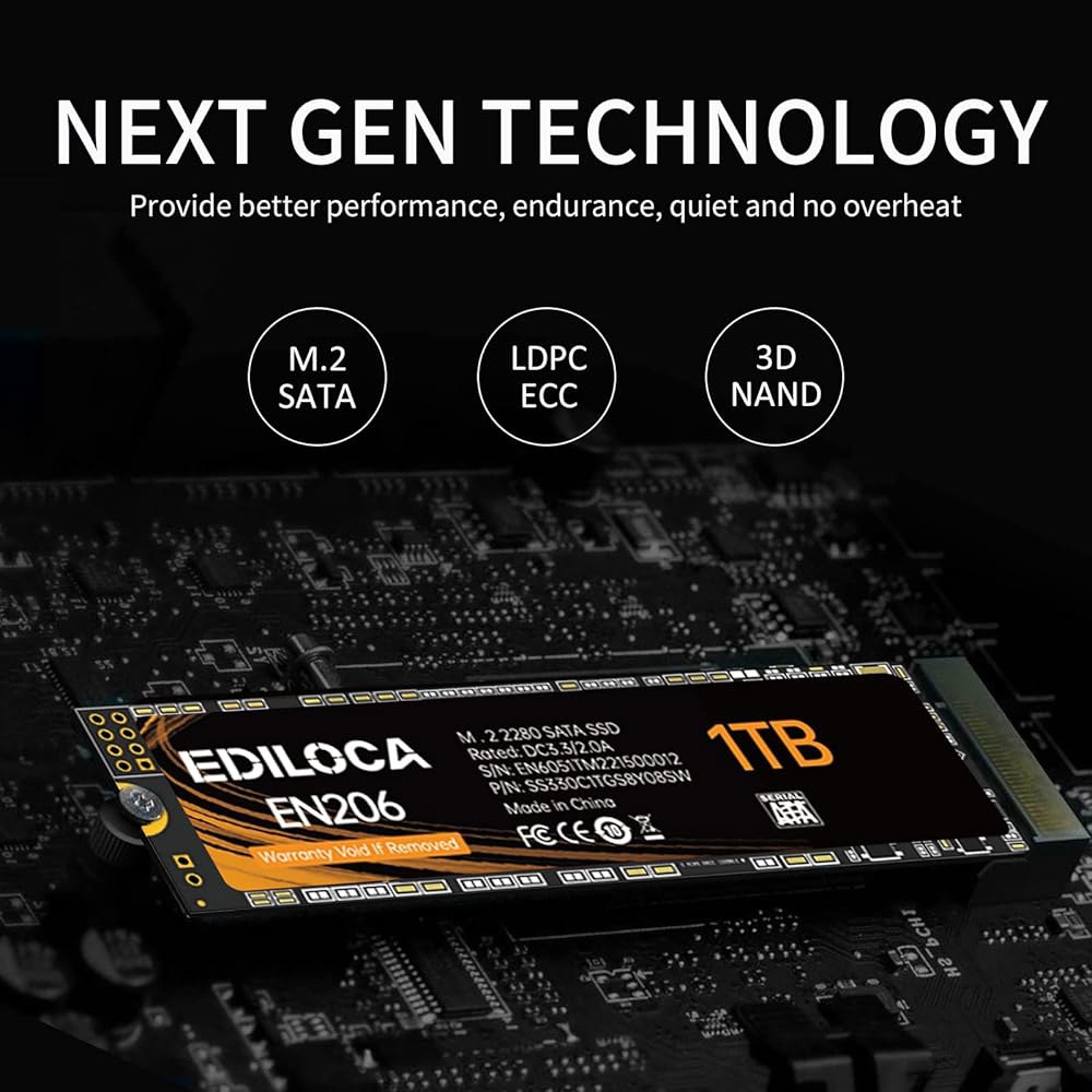 Ediloca EN206 1TB SSD M.2 SATA III 6Gb /s 3D TLC NAND, 2280 내장 솔리드 스테이트 드라이브, 읽기/쓰기 속도 최대 550 /480 - 상세 이미지 3