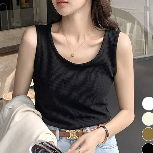 루즈핏 여성 민소매 티셔츠 와플 민소매 티셔츠 라운드 여름 - 상품 이미지