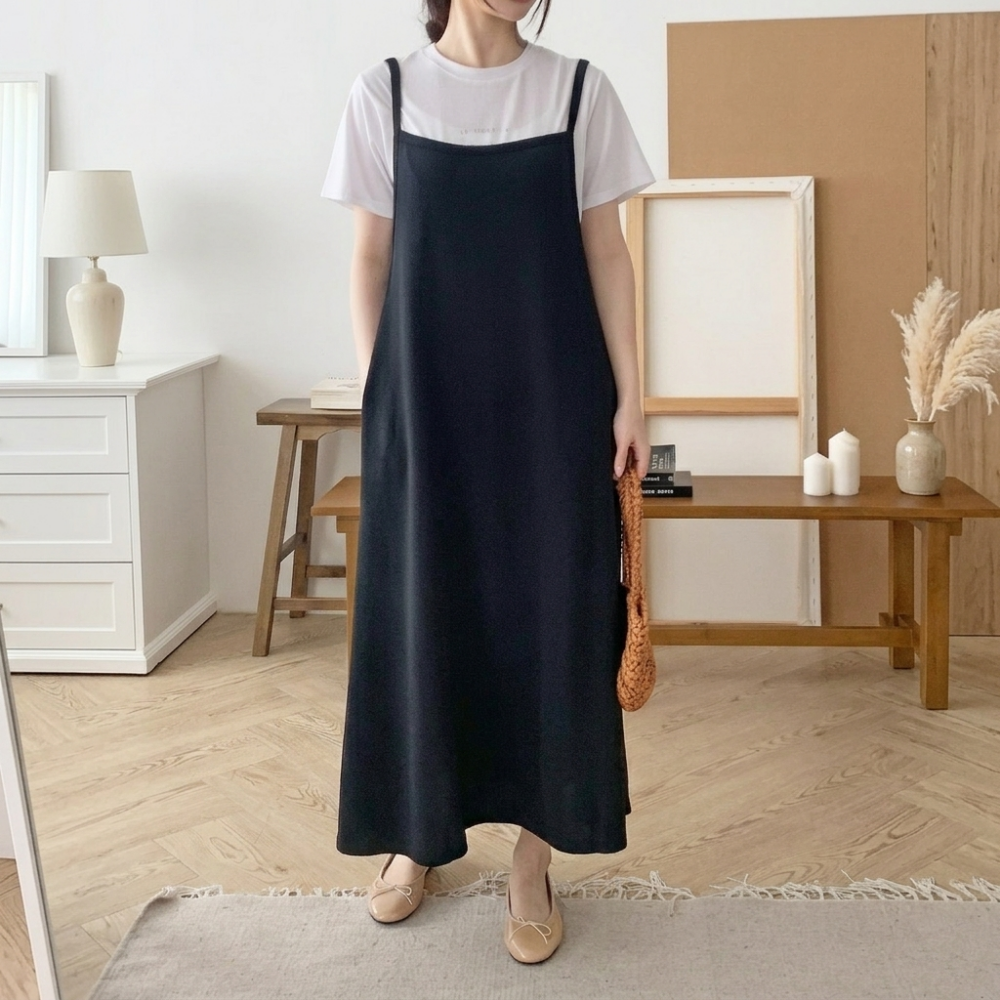 주머니 뷔스티에 멜빵 롱 원피스 여성 어깨끈 홈 데일리 레이어드 꾸안꾸 - 상세 이미지 2