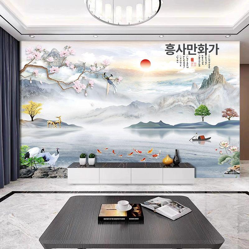 중국풍 벽화 동양화 거실 인테리어 산수화 그림 아트 실내 감성 액자 벽면장식 - 상세 이미지 3