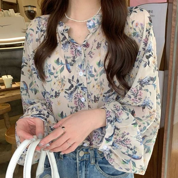루즈핏 여성 플라워 블라우스 시스루 플라워 블라우스 노카라 셔링 - 상품 이미지