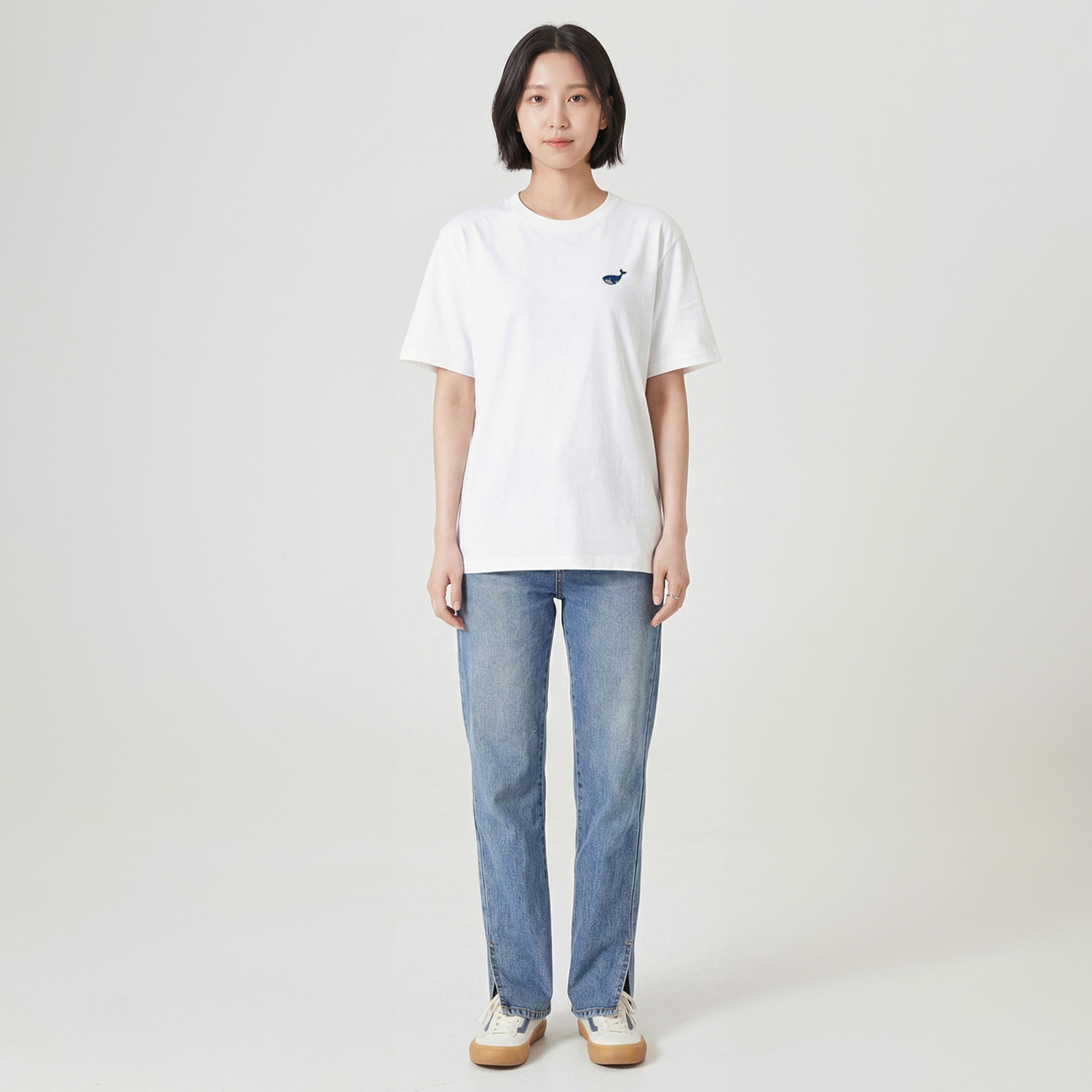 옥스타 반팔티 남녀공용 미니 웨일 자수 화이트 s 이미지 4